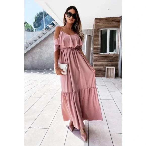 Pink Short Sleeve Cold Shoulder Tiered Long Flowy Maxi Dress - Picture 6 of 7